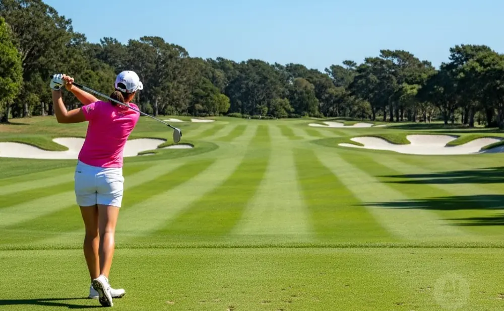 Golfer in pink swings at a sunny golf course with manicured fairways and sand traps.