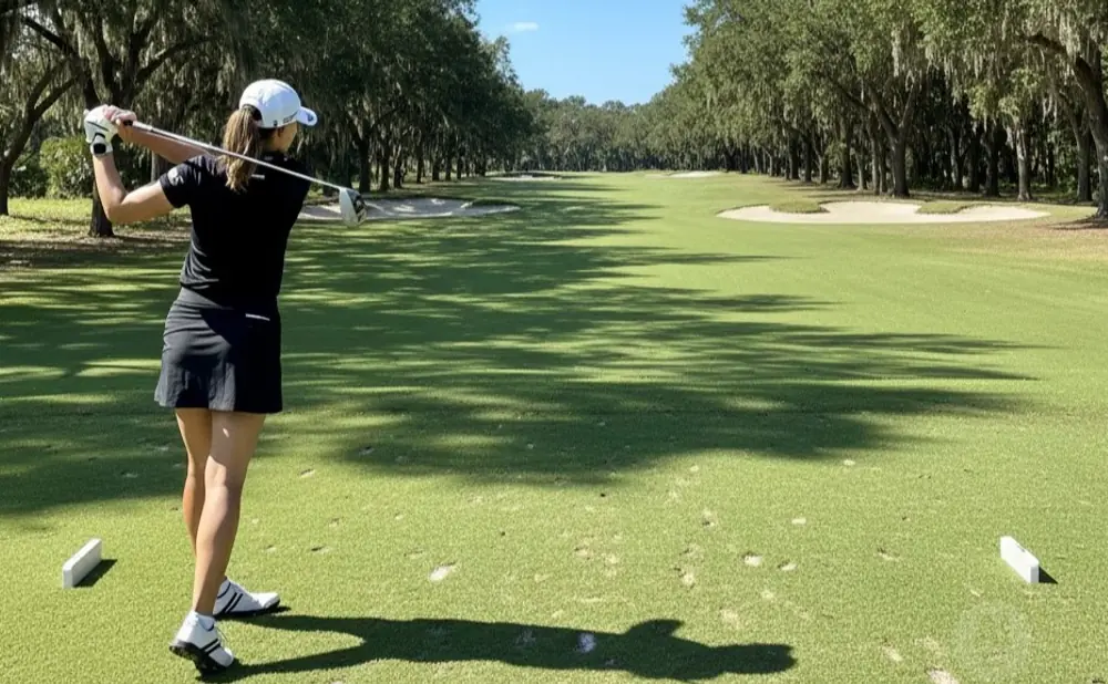 Golfer in black hitting a golf ball on a tree-lined course.