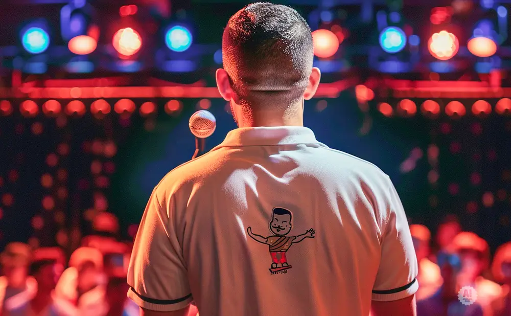 Man in a polo shirt with a cartoon logo, facing a stage with colorful lights and a microphone.