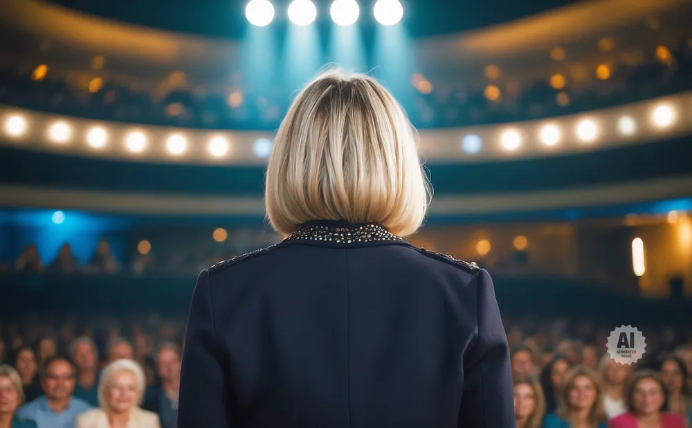 Woman with blonde bob haircut in a dark blazer speaking to a blurred audience under stage lights.