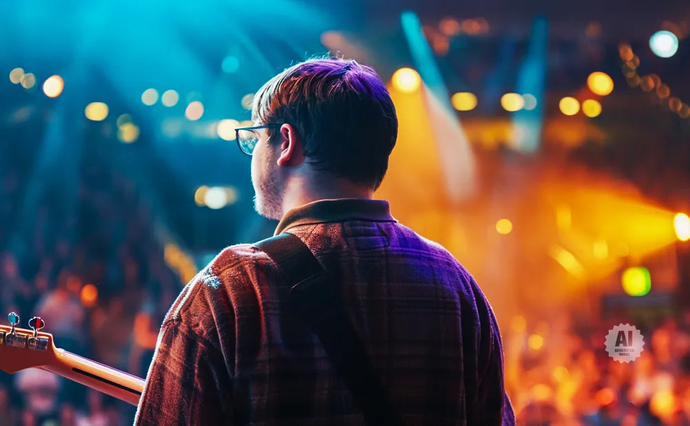 Musician with glasses and plaid shirt on stage with bright lights and blurred crowd.