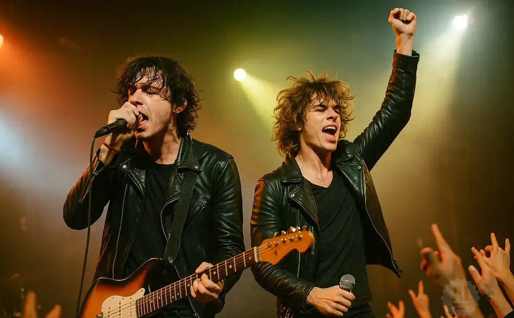 Two male rock musicians in leather jackets sing and play guitar on stage with spotlights and a crowd.