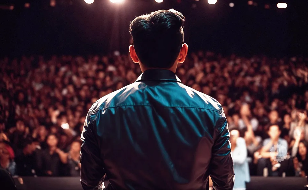 Man in shiny shirt facing a cheering audience.