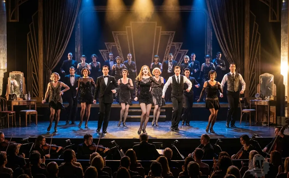 Stage performers in flapper dresses and suits dance and sing in a brightly lit musical production.