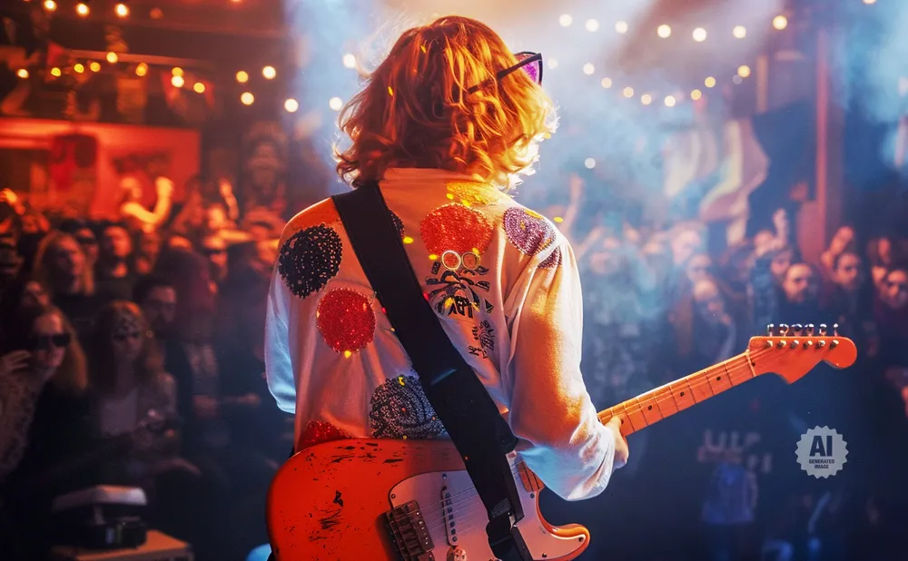 Musician with red guitar on stage performing for a crowd.