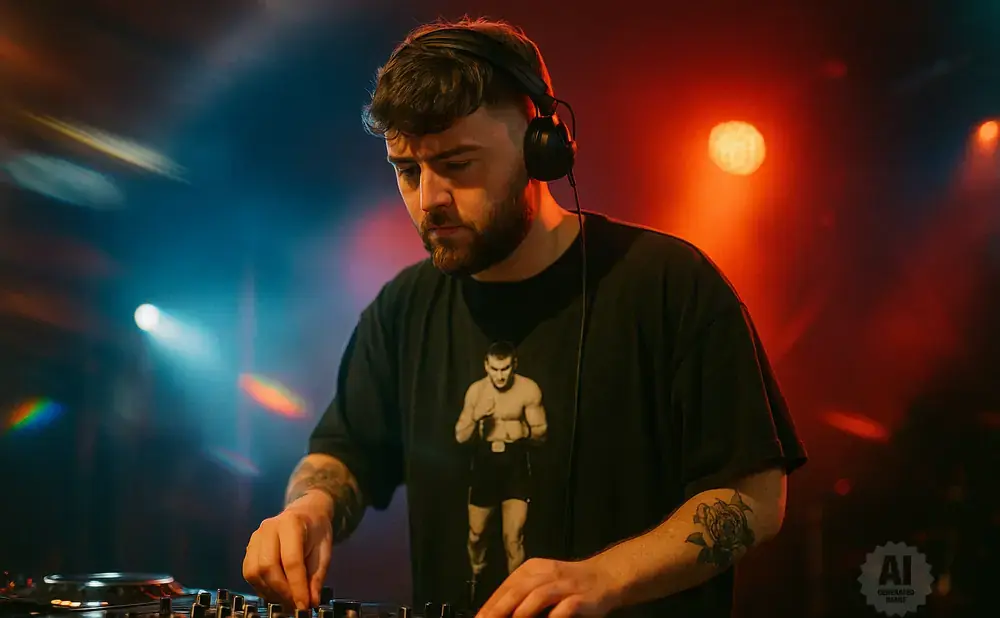 A DJ wearing headphones and a t-shirt with a boxer graphic, mixing music on a console with colorful lights in the background.