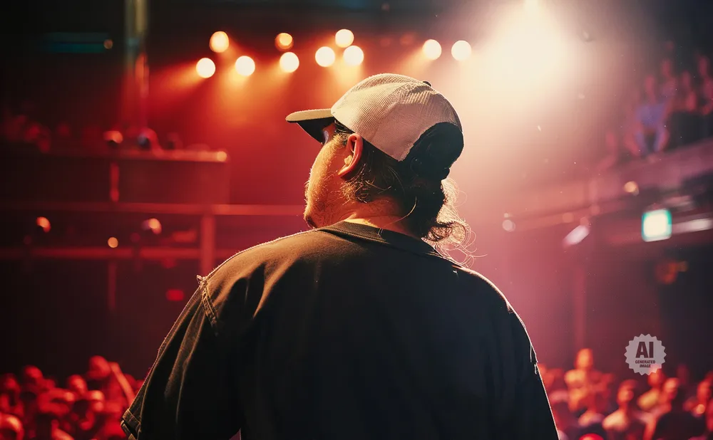 A person wearing a baseball cap faces away from the camera on a stage, with a blurred audience and red lights behind them.
