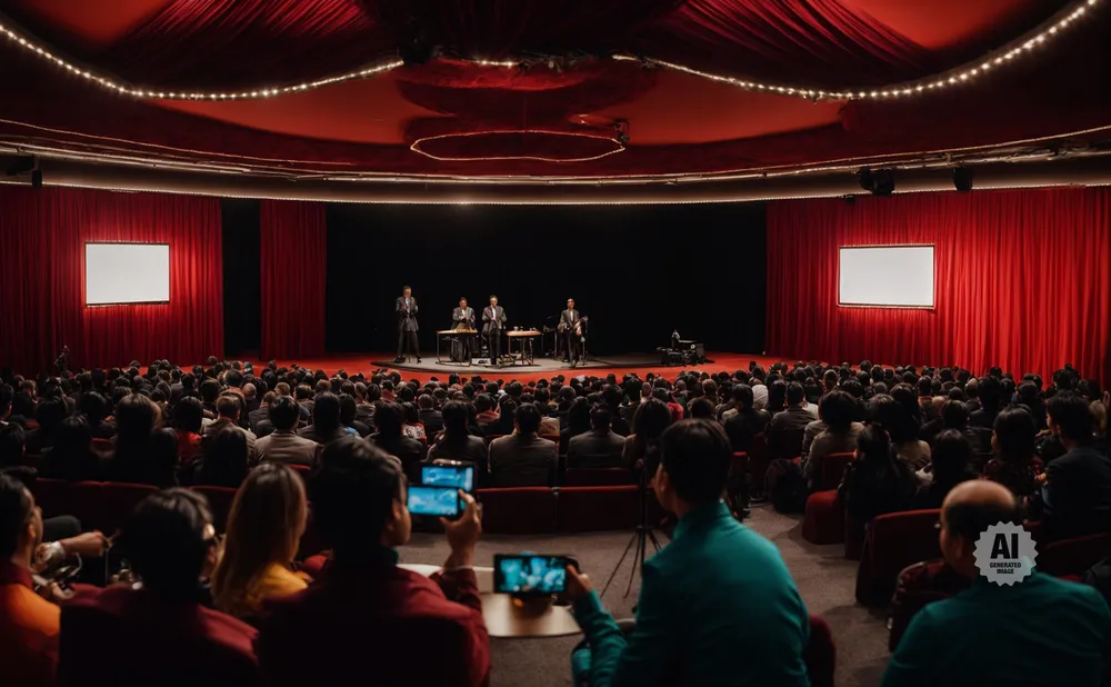 People seated in a red-draped theater watching a performance on stage with two large screens.