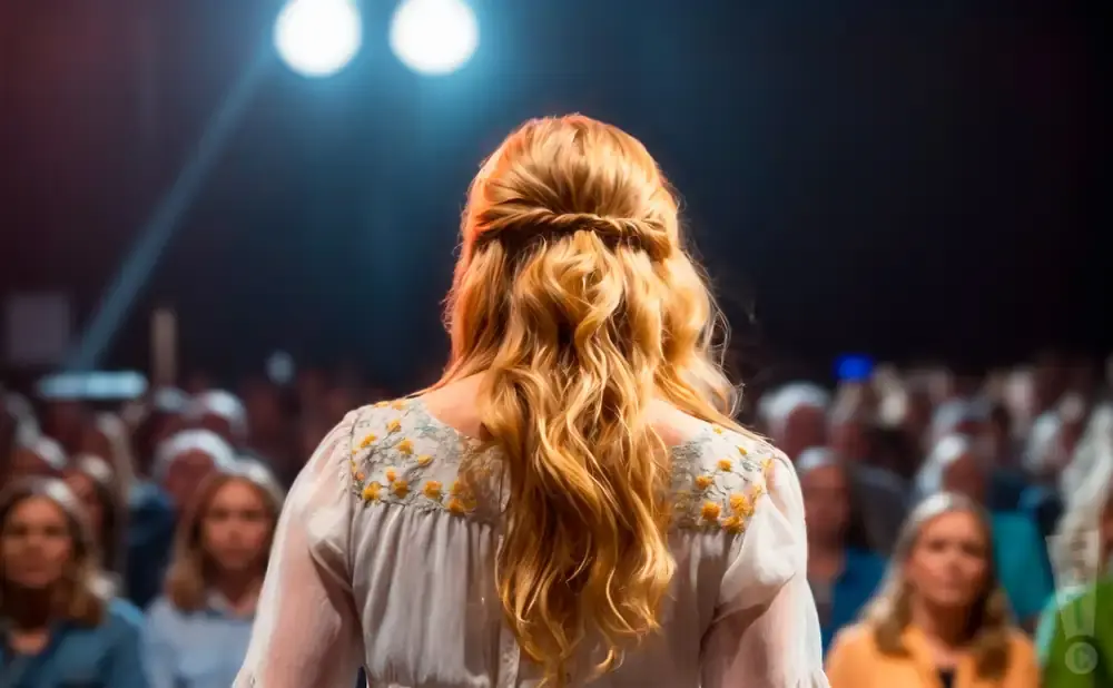 Woman with braided blonde hair and embroidered dress faces a blurred audience under stage lights.