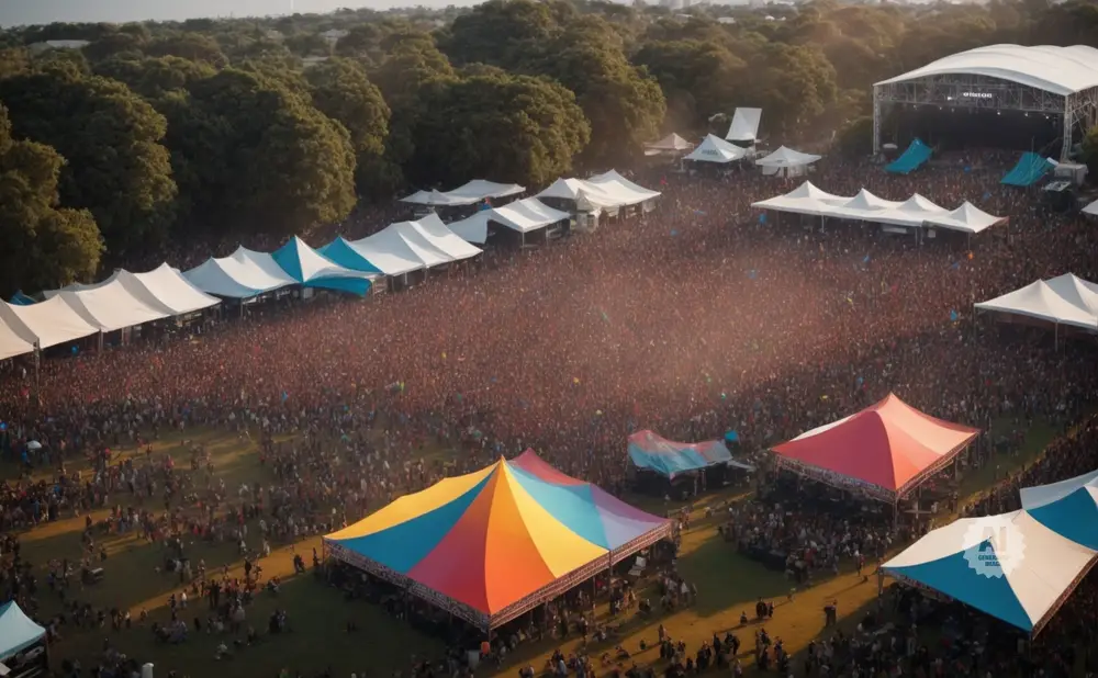 Aerial view of a large outdoor music festival with a massive crowd gathered around a stage and several tents.