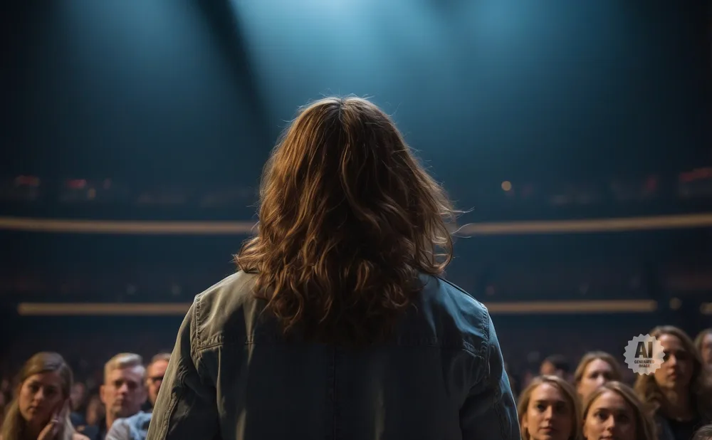 Back of a person with long, wavy brown hair speaking to an audience in a dark venue.