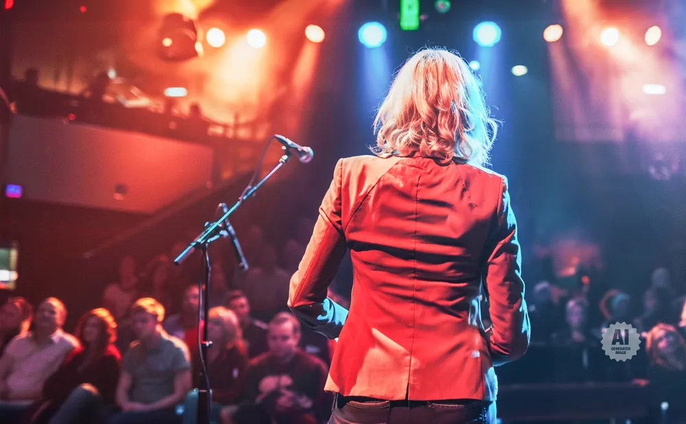 A woman in a red blazer speaks into a microphone on a stage, with bright lights and an audience visible in the background.