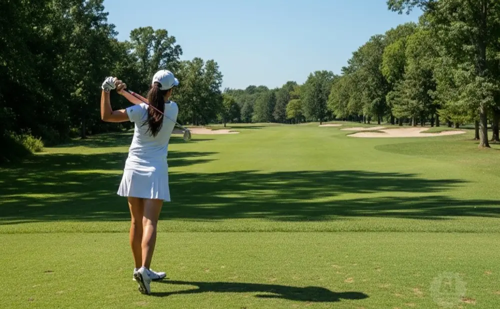 Golfer swings club on a sunny day on a green golf course with trees and sand traps.