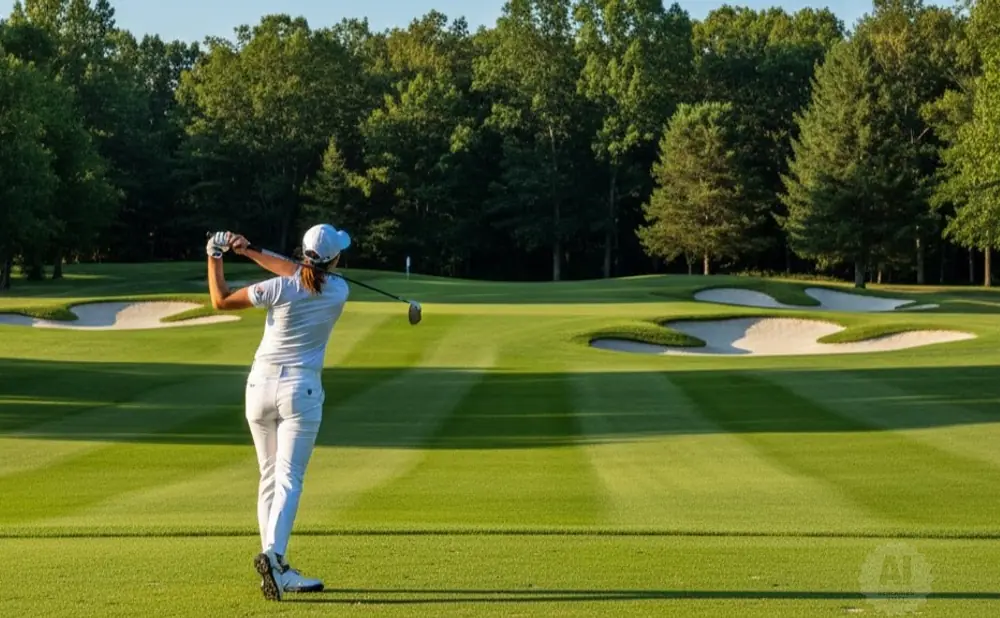 Golfer in white swings a club on a green golf course with sand traps and trees.