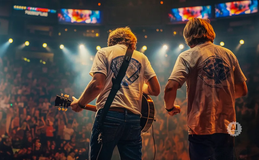 Two musicians perform on stage with a cheering audience in the background.