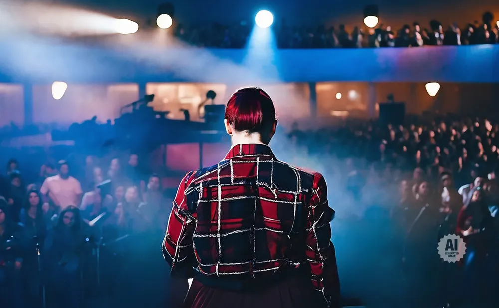 A performer with red hair, seen from behind, wears a plaid jacket on a stage with a smoky atmosphere.