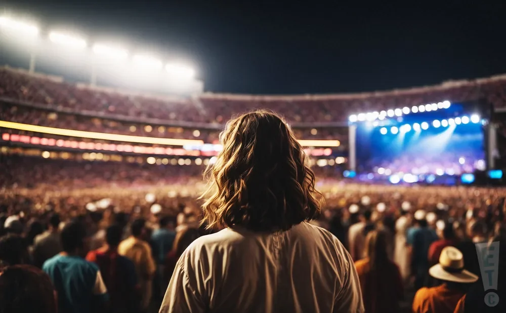 A person with wavy brown hair looks towards a brightly lit stage at a crowded concert.