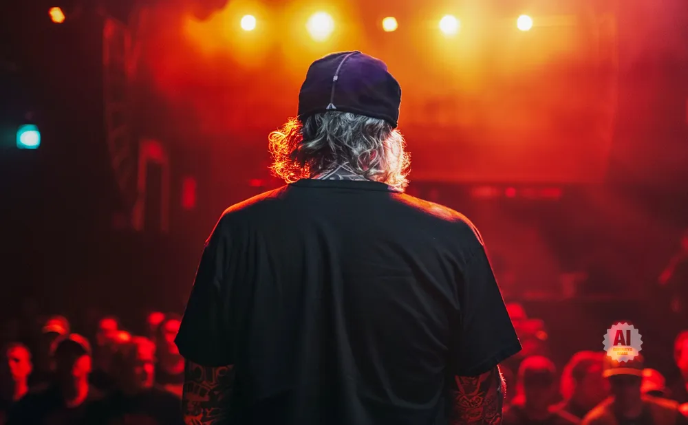A person wearing a black t-shirt and a backward baseball cap stands with their back to the camera on a stage, illuminated by red and orange lights.