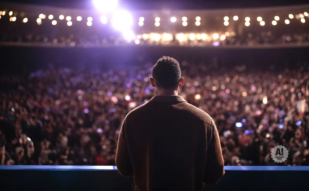 A man stands on a stage facing a large, blurred crowd under bright lights.