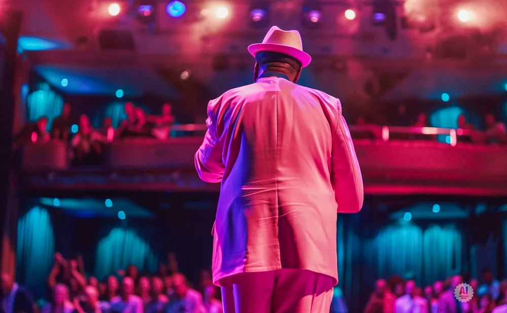 A man in a pink suit and fedora stands on stage, facing away from the camera, in front of a blurred audience.