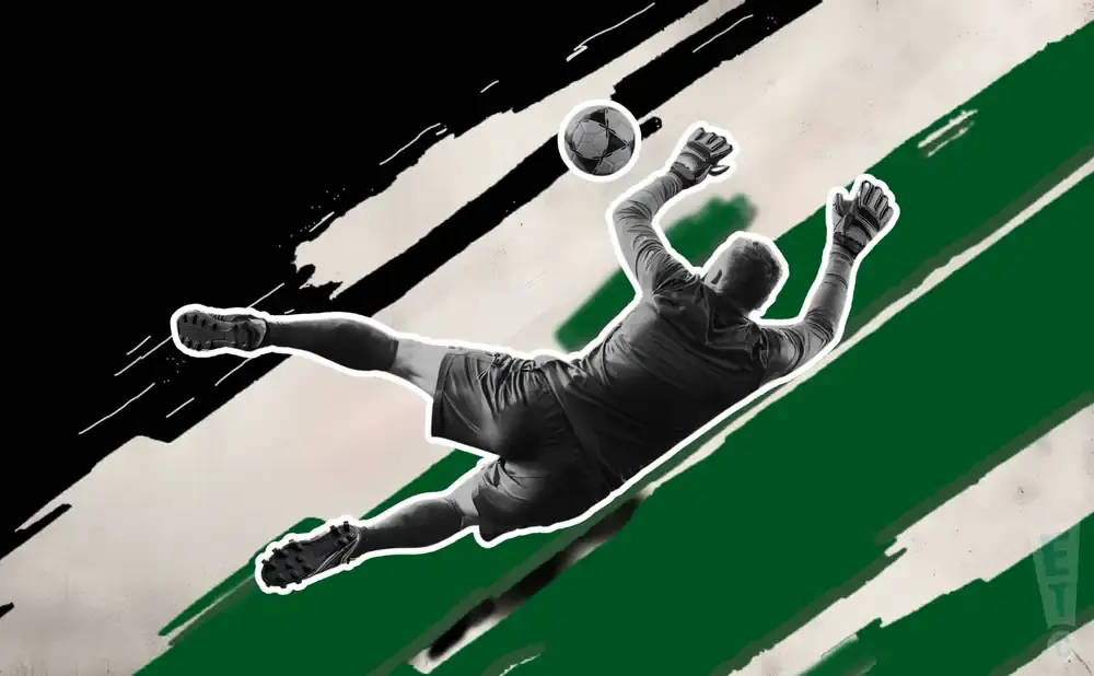 A goalkeeper leaps to catch a soccer ball in mid-air, with abstract green and black brushstrokes in the background.