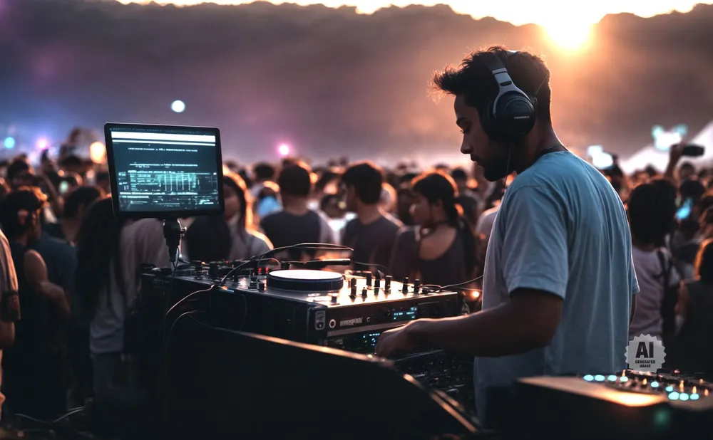DJ with headphones plays music on equipment to a crowd at an outdoor concert.