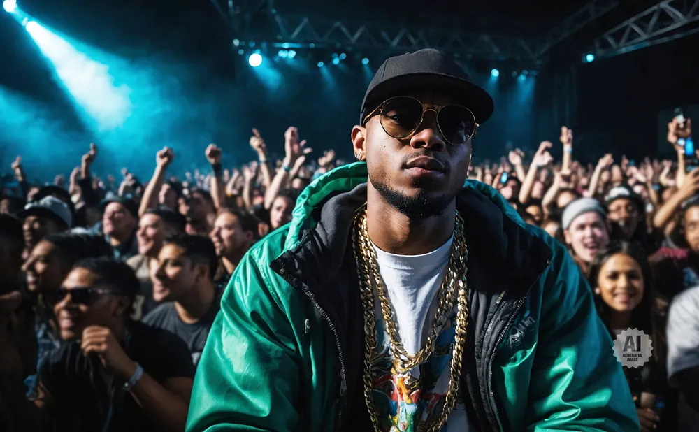 A man in a green jacket and gold chains stands before a cheering crowd at a concert.