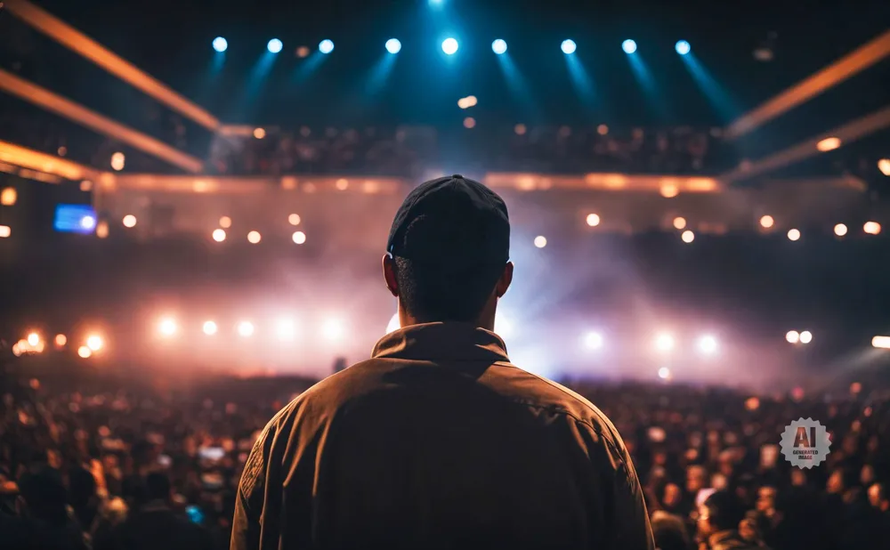 Man in a baseball cap faces a large concert crowd, lit by stage lights.