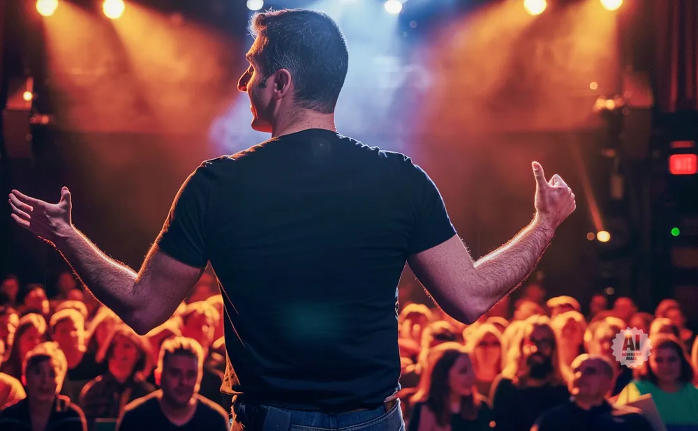 A speaker gestures with his hands to an audience under stage lights.