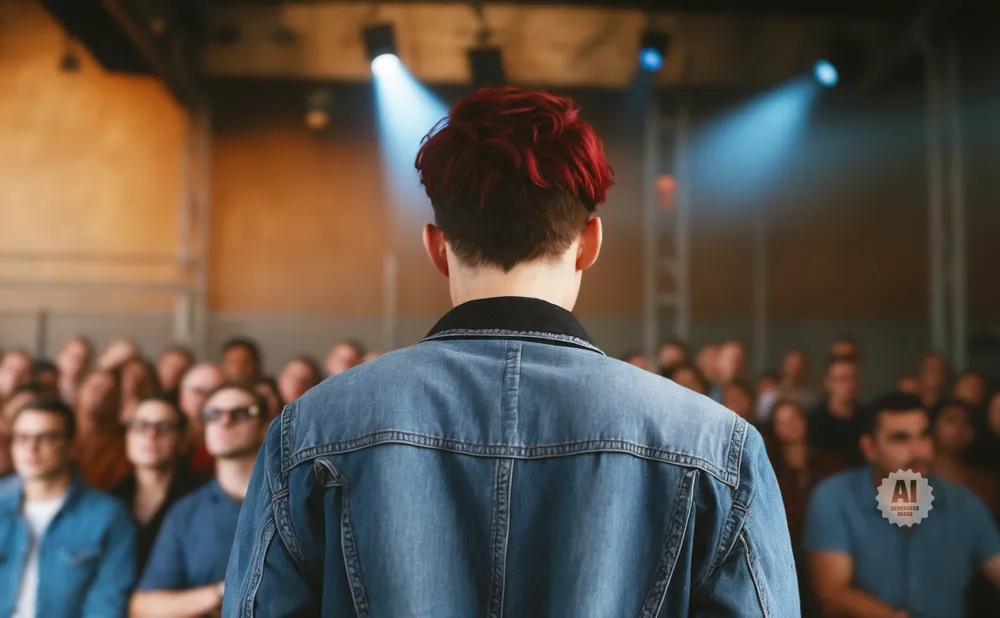 Back view of a person with red hair wearing a denim jacket, facing an audience in a dimly lit venue.