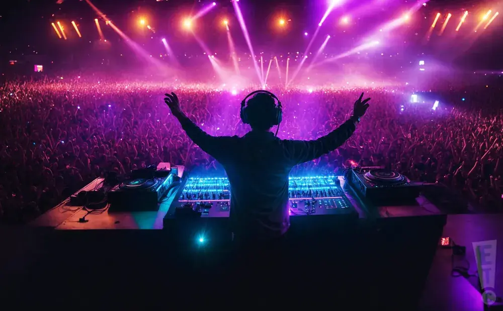DJ in headphones with arms raised playing music to a cheering crowd under purple lights.