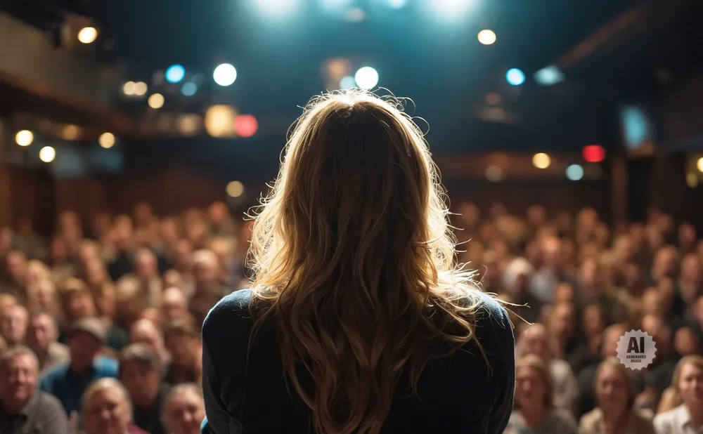 A woman with long, blonde hair faces an audience from a brightly lit stage.