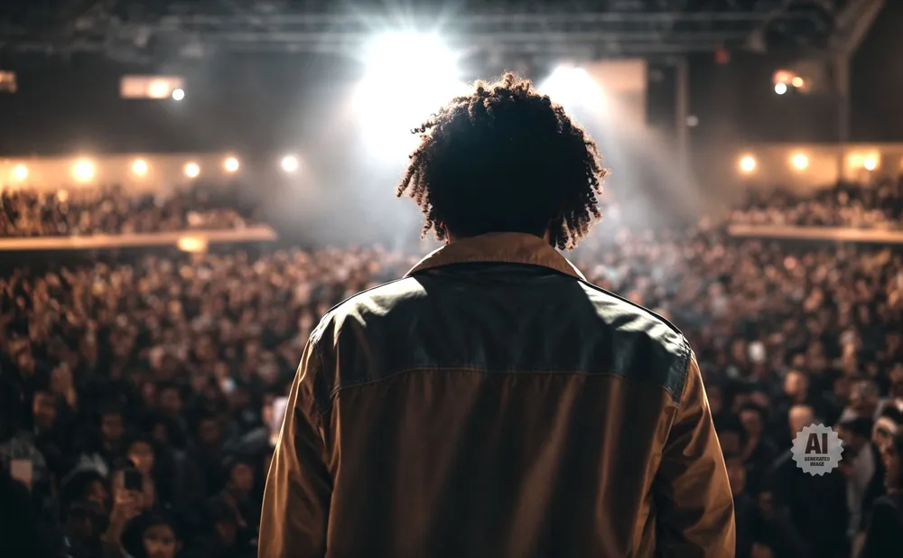 Man with afro stands on stage facing a large, cheering audience under bright spotlights.