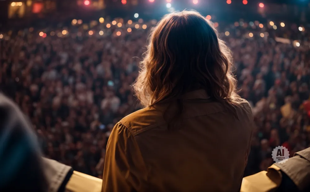 Back of a person with long hair facing a large, blurred crowd with lights in the background.