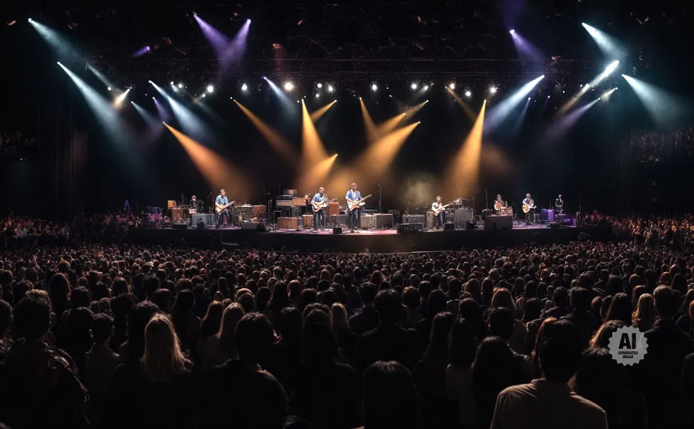 A band performs on a brightly lit stage for a large, dark crowd at a concert.