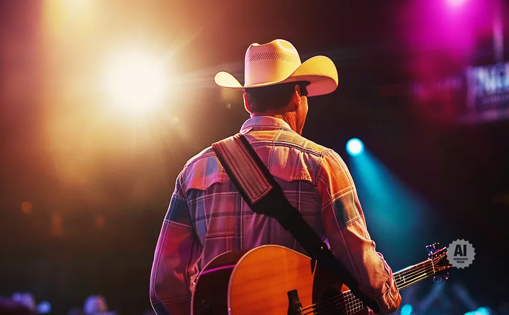A country singer in a white cowboy hat and plaid shirt plays an acoustic guitar on a brightly lit stage.