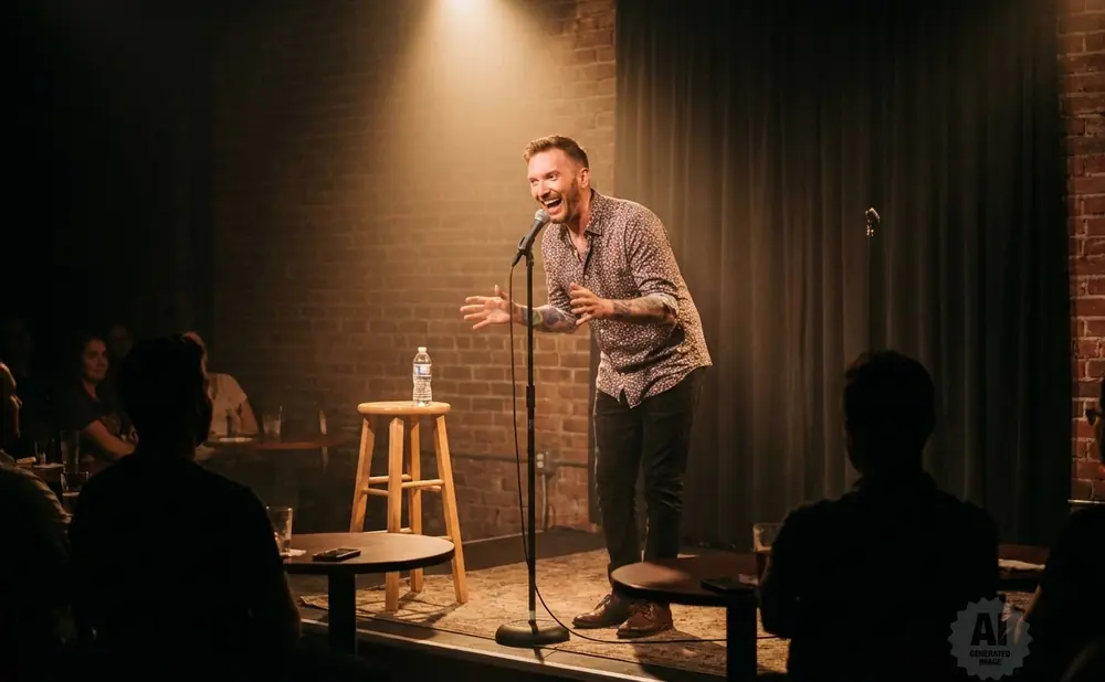 A man with tattoos on his arms holds a microphone while wearing a white t-shirt on a blue stage.