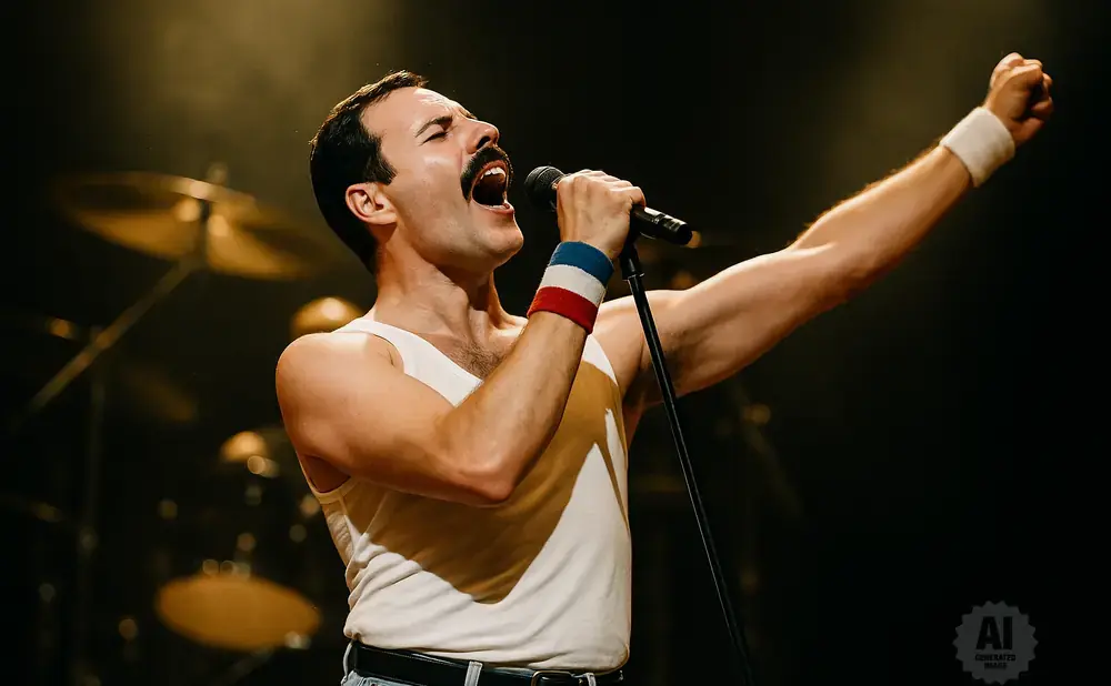 Freddie Mercury impersonator in a white tank top sings into a microphone with his arm raised.