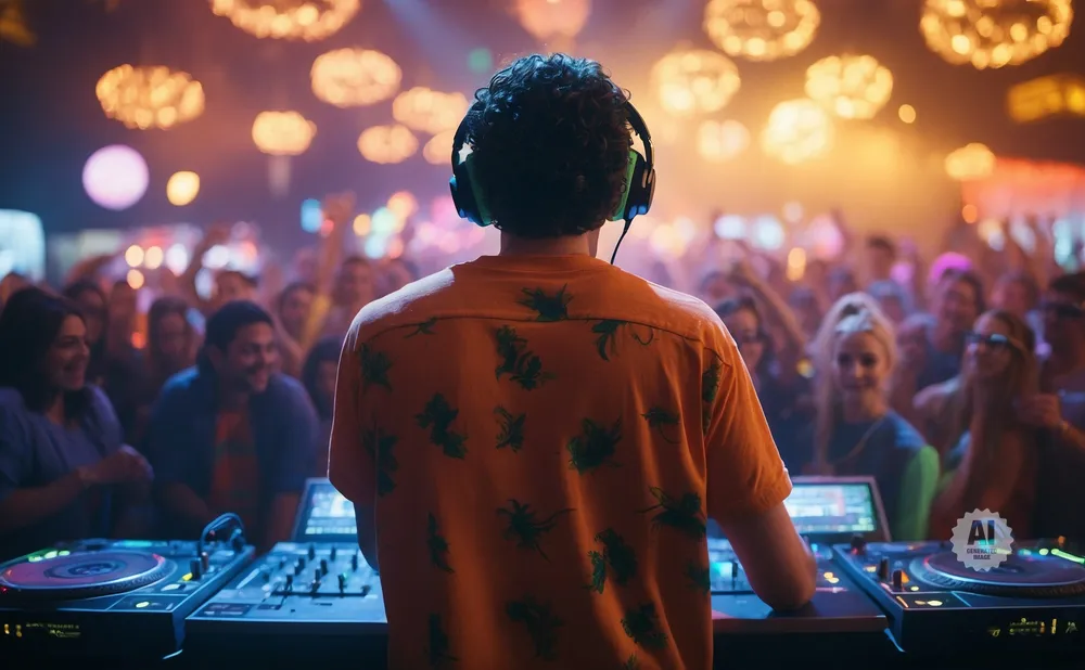 DJ in an orange shirt with headphones plays music for a crowd at a nightclub.