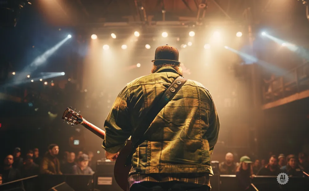 Man in plaid jacket plays guitar on stage, facing away from the camera, with audience in the background.