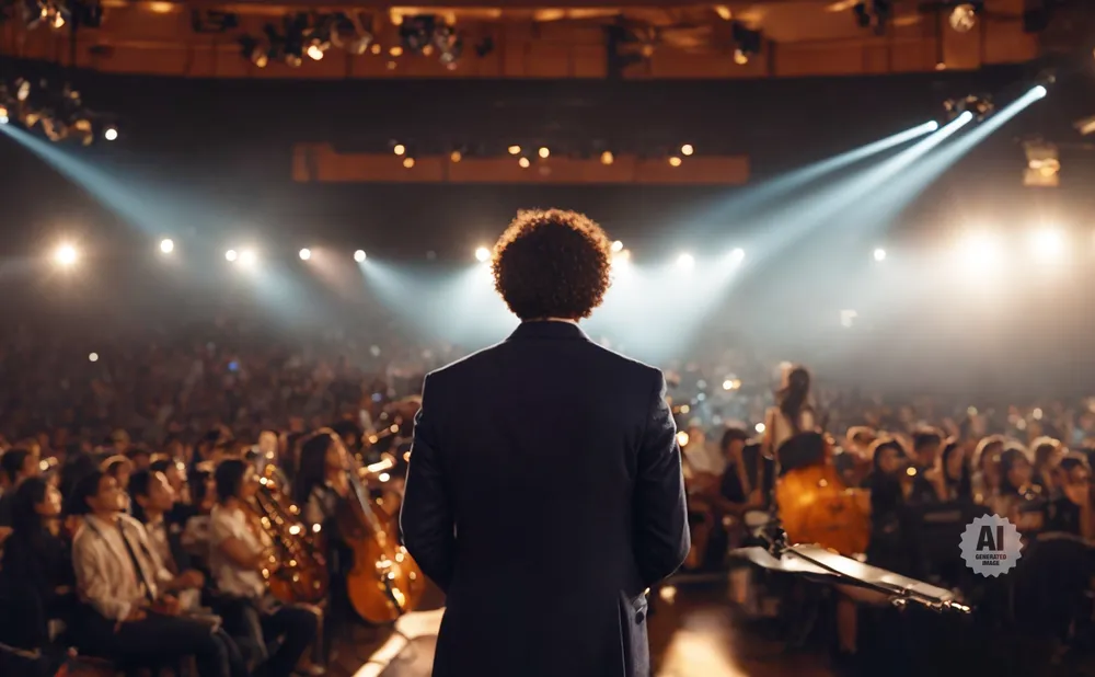 A person with curly hair in a suit stands on stage facing a seated audience in a concert hall with bright spotlights.