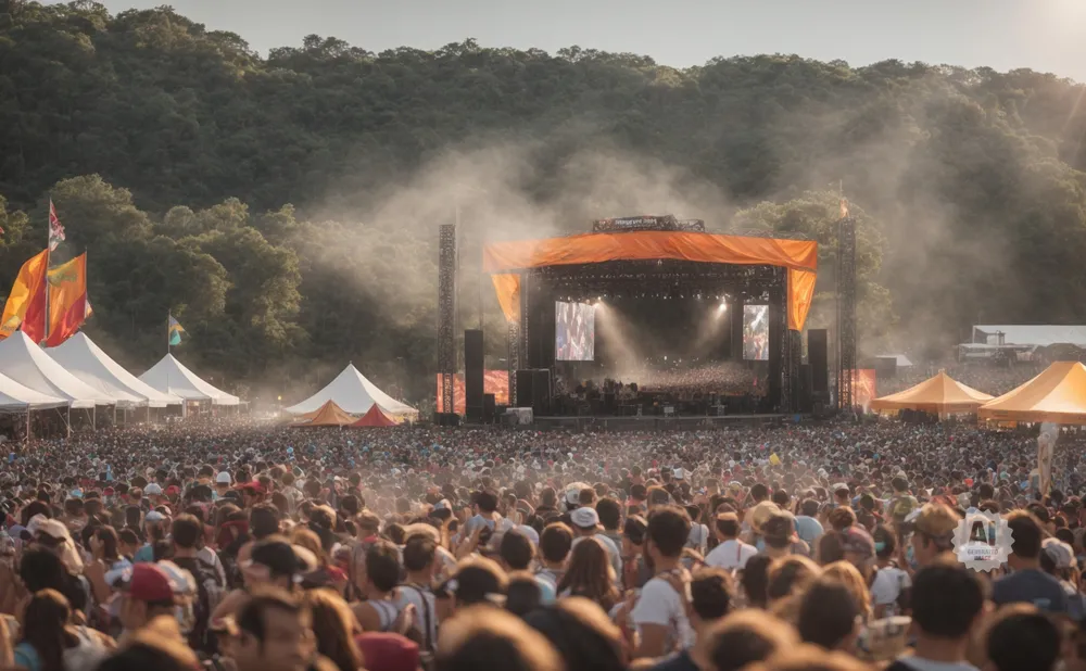 A large crowd watches a band perform on a sunlit outdoor stage, with tents and trees in the background.