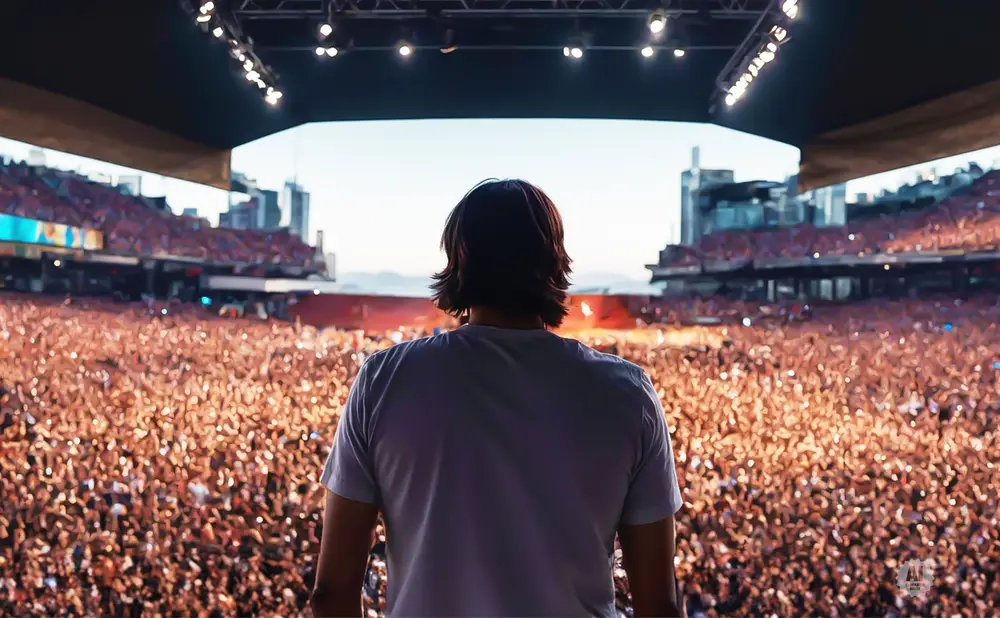 Man facing a huge, cheering crowd at an outdoor concert venue with a city skyline in the background.