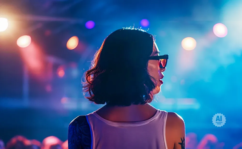 A woman wearing sunglasses stands facing away from the camera, silhouetted against a stage lit with blue and pink lights.