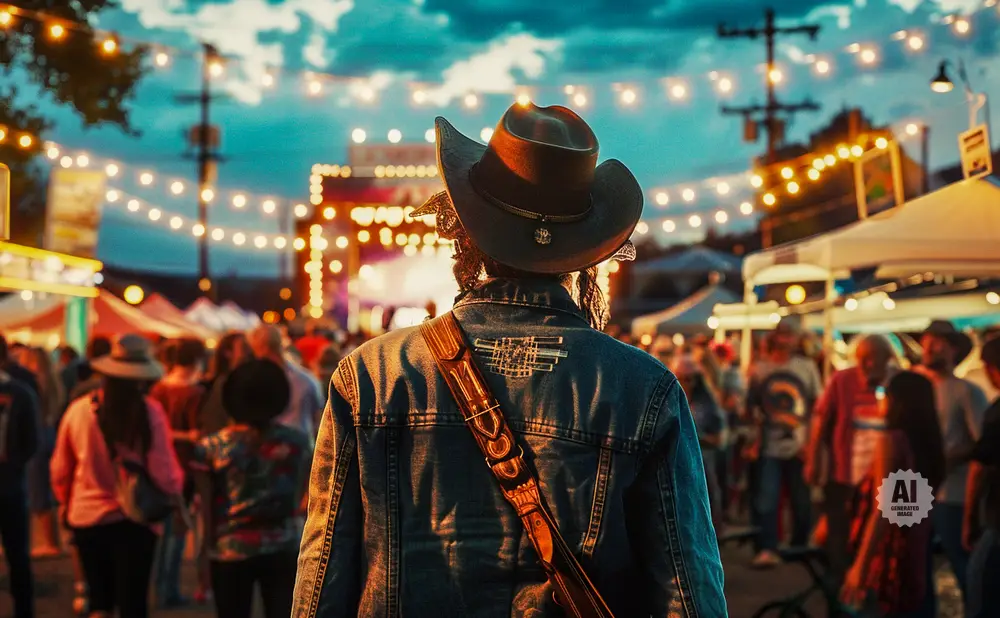 Man in cowboy hat and denim jacket at a vibrant outdoor festival with string lights.