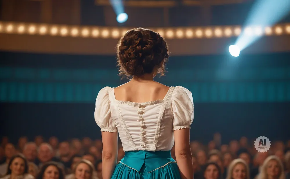 Woman in a white puffy-sleeve top and teal skirt on stage, facing an audience.