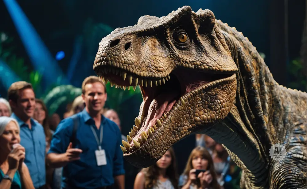 A realistic animatronic Tyrannosaurus Rex roars at an audience in a museum exhibit.