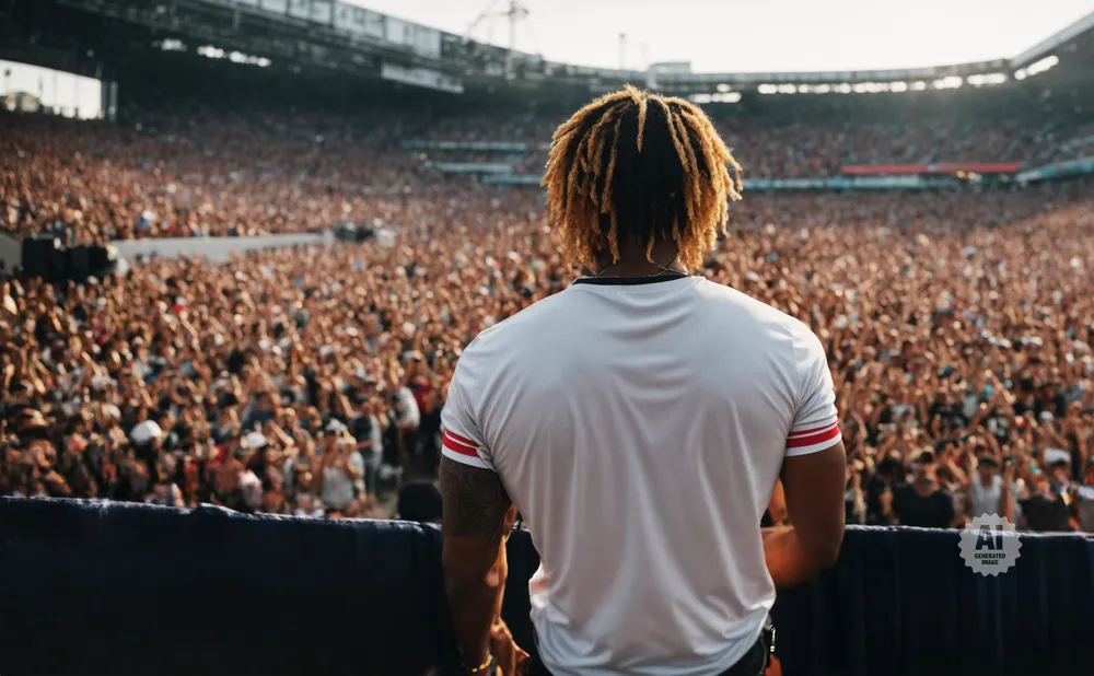 A performer with dreadlocks faces a large, cheering crowd in a stadium.