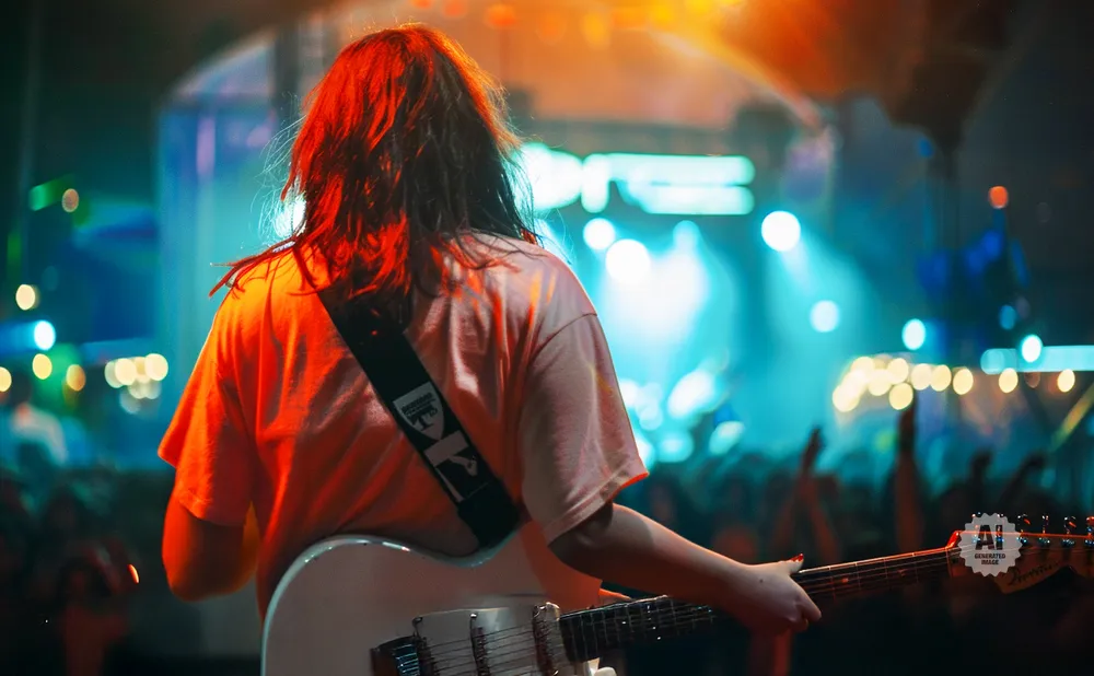 A person with long, dark hair plays a white electric guitar on stage with a blurred audience and colorful lights.