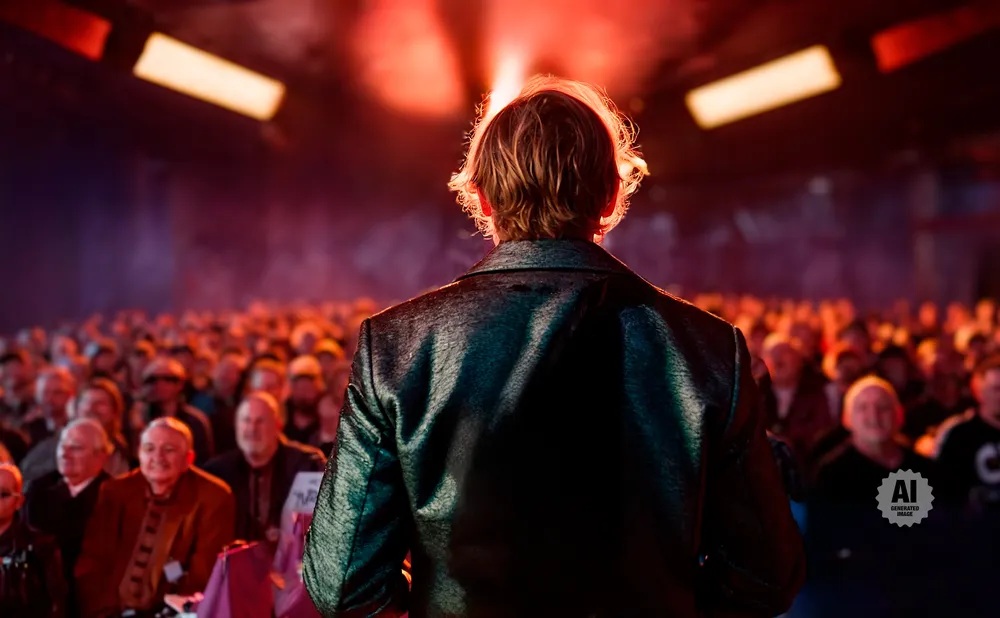 A speaker in a shiny jacket addresses a large, blurred audience under dramatic red lighting.